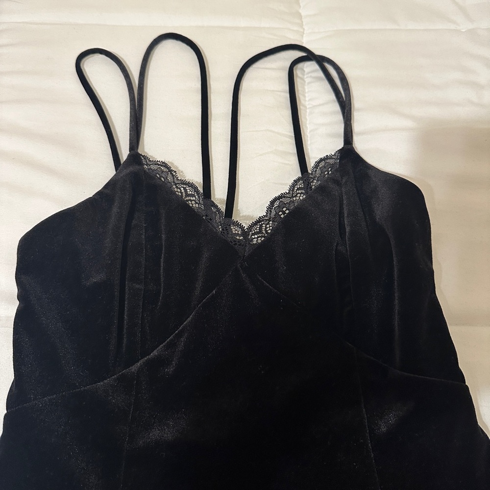 Black velvet mini dress with lace trim